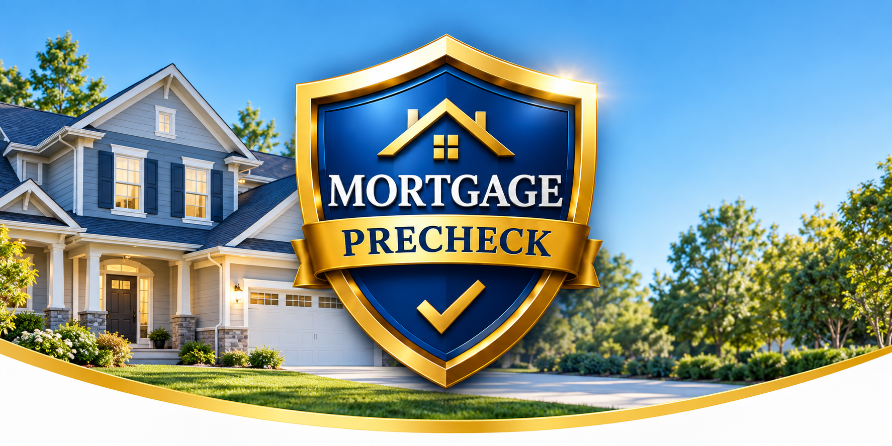 MortgagePreCheck hero banner with shield logo and home background